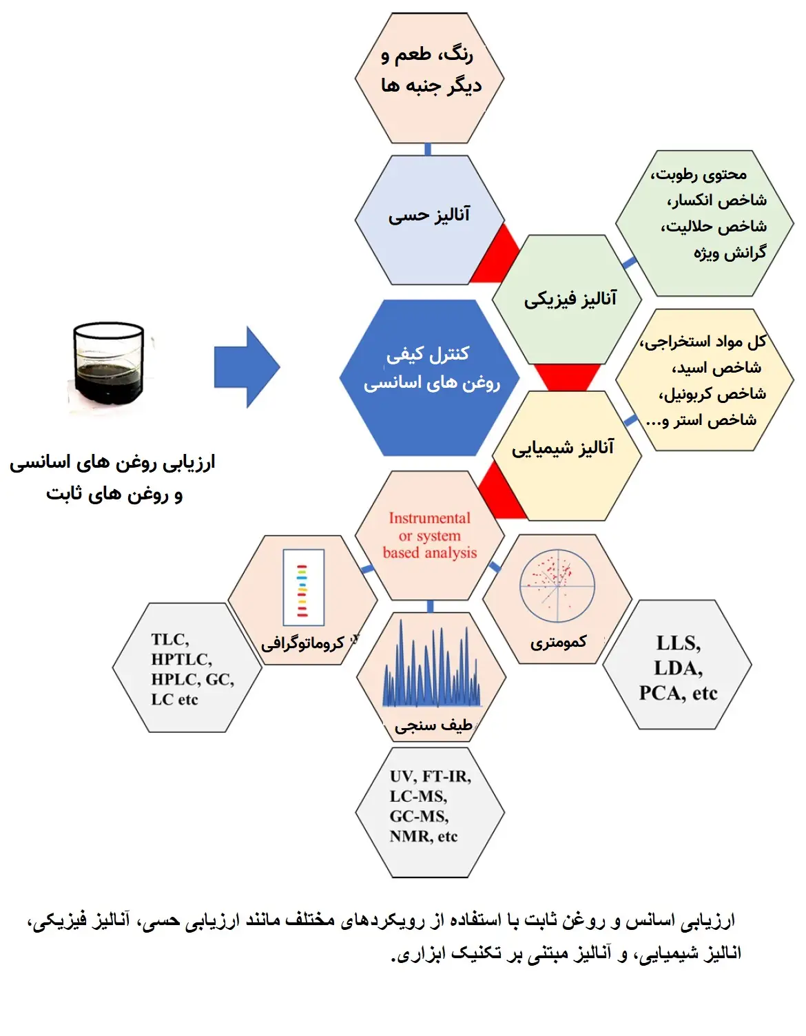 شکل 2. ارزیابی اسانس و روغن ثابت با استفاده از رویکردهای مختلف مانند ارزیابی حسی، تجزیه و تحلیل فیزیکی، تجزیه و تحلیل شیمیایی، و تجزیه و تحلیل مبتنی بر تکنیک ابزاری.