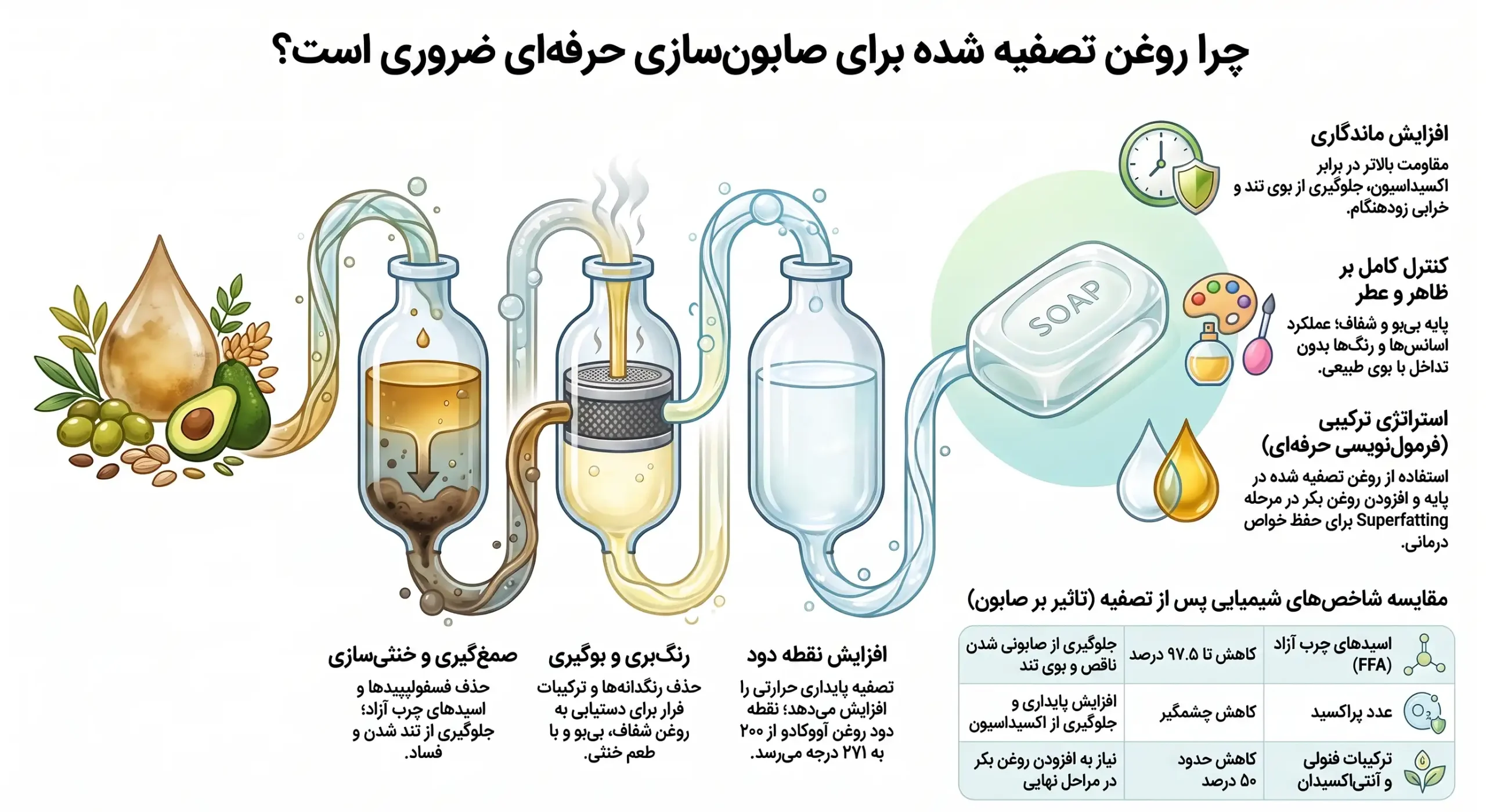اینفوگرافیک کاربردهای روغن گیاهی تصفیه شده در صابون سازی اینفوگرافیک کاربردهای روغن گیاهی تصفیه شده در صابون سازی
