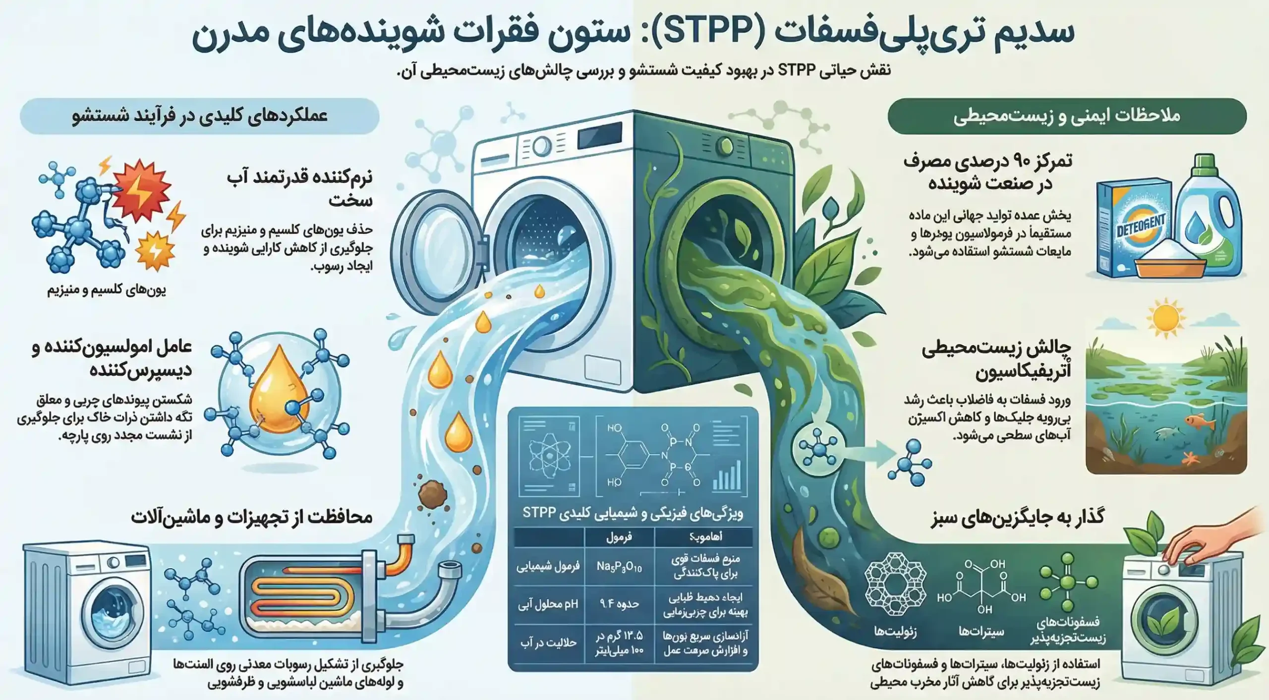 اینفوگرافیک کاربردهای سدیم تری پلی فسفات در شوینده ها
