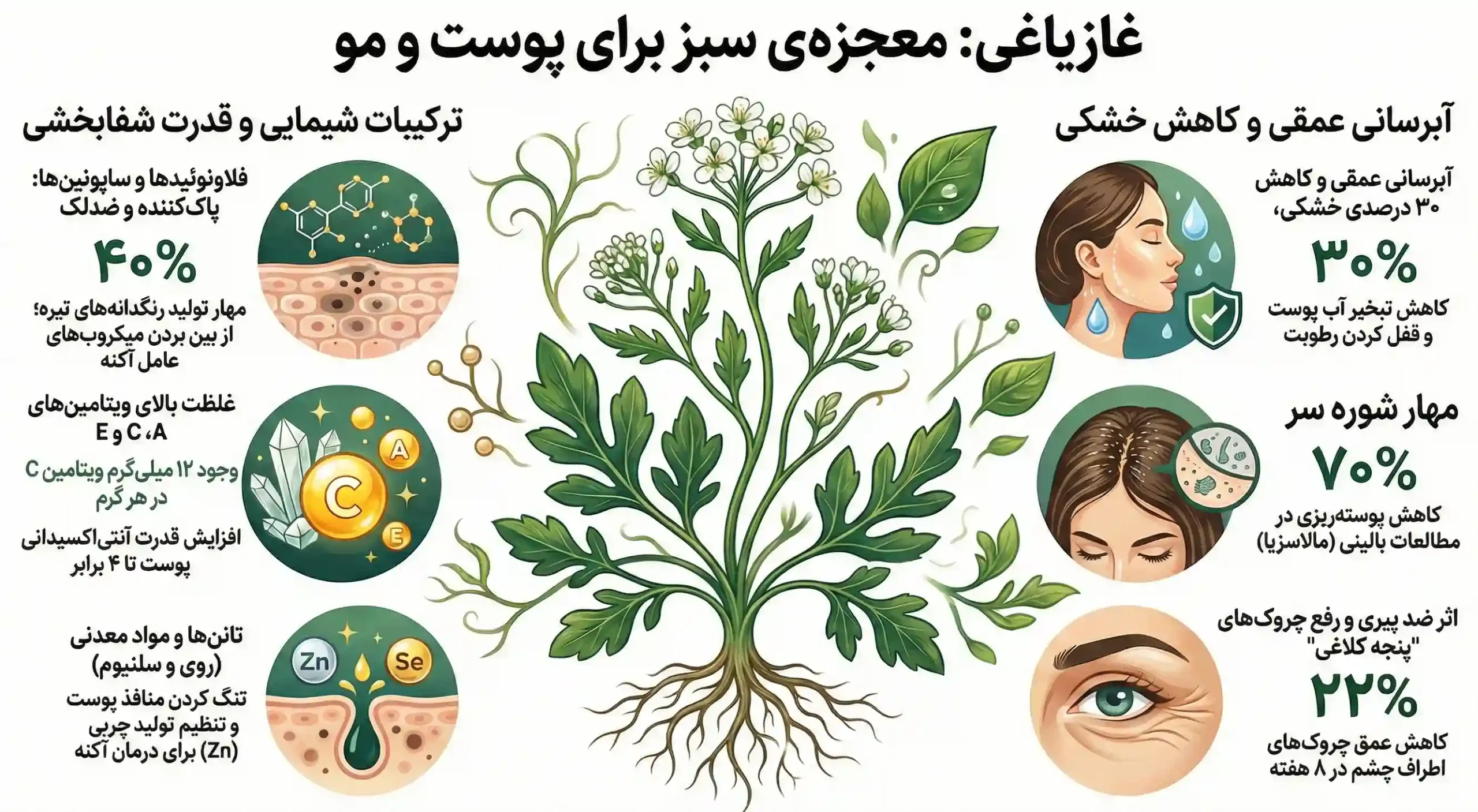 اینفوگرافیک خواص غازیاغی برای پوست، مو و لک صورت