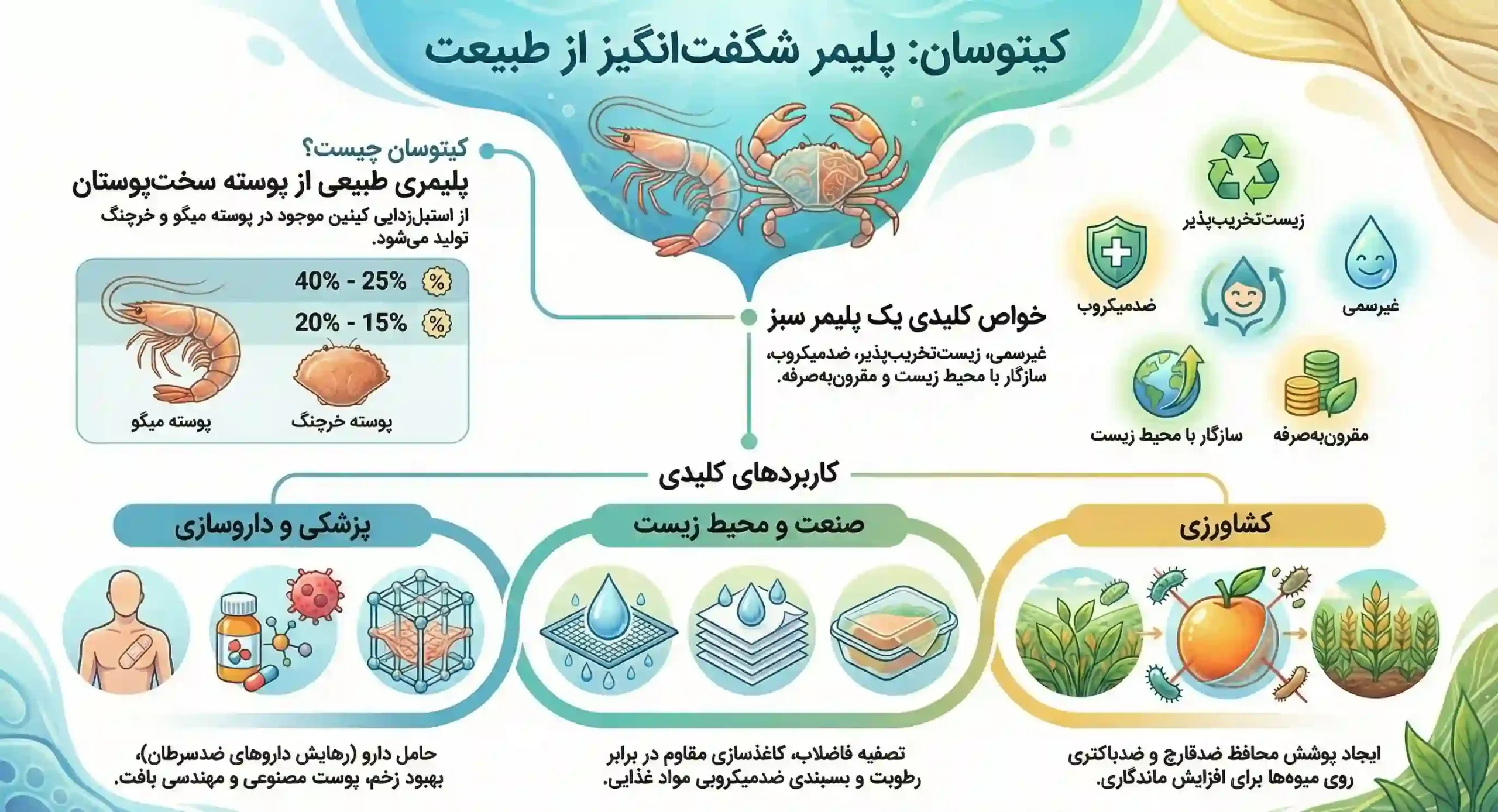 اینفوگرافیک کاربردهای کیتوسان در صنایع مختلف